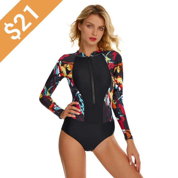 Women Long Sleeve Zip Front One Piece Swimsuit Surfing Swimwear Bathing Suit