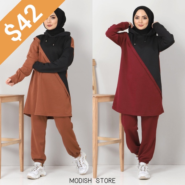 Striped Muslim Woman Set Hijab Tracksuit Muslim Fashion Islamic