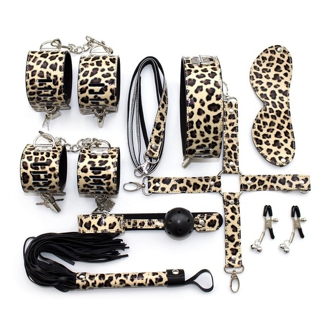 Leopard PU Leather SM Slavery Bondage and Restraint Equipment System Set with Hand Cuffs Ankle Cuff Sex Toys for Couples