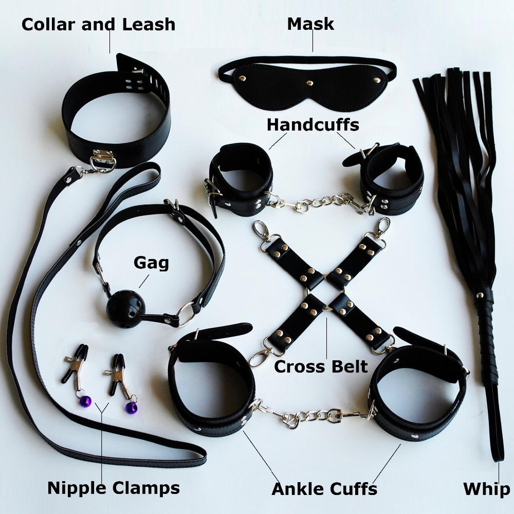 8 pcs leather fetish Adult Sex Love Game Toy Kit for Couples women bondage restraint Set: Handcuff Whip Collar Nipple Clamps Gag