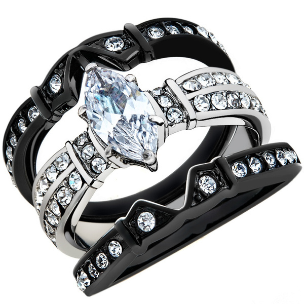 2.50 CT MARQUISE CUT CZ BLACK STAINLESS STEEL WEDDING RING SET WOMEN'S SIZE 5-10