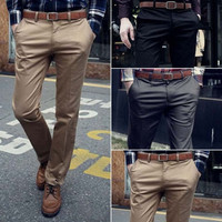Wish | Mens Korean Stylish Slim Fit Solid Dress Pants Flat Front Slacks ...