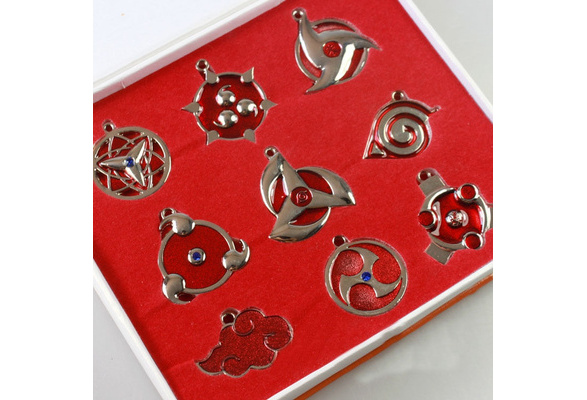 9 Pcs Naruto Sharingan Konoha Brooch Metal Keychain Necklace Pendant Set In Box
