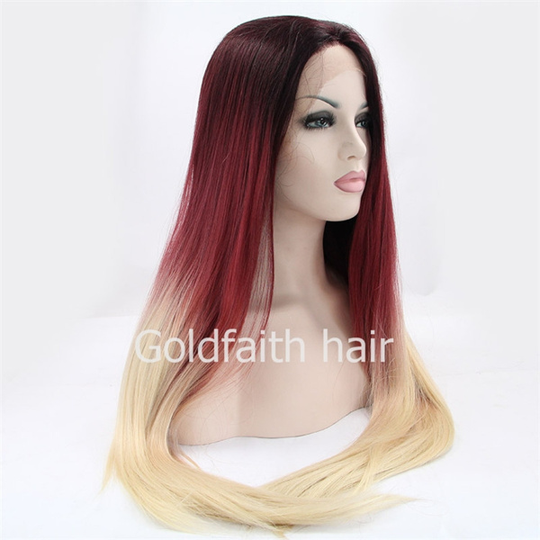 Sf2 Cheap Burgundy Blonde Ombre Straight Kanekalon Wig Lace Front