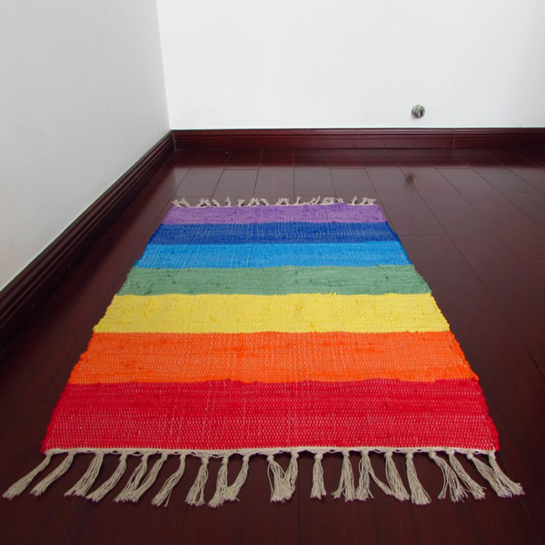 Findfine Rainbow Carpet Mat Artificial Weaving Cotton Rug Square