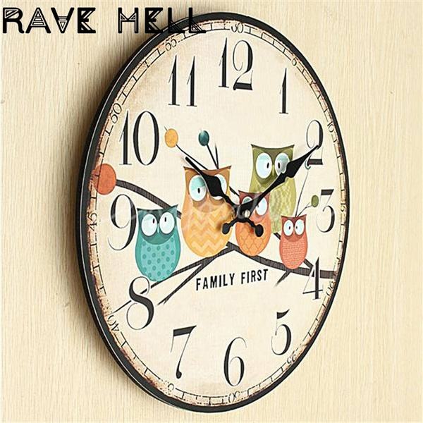 Modern Design Owl Vintage Rustic Shabby Chic Home Office Cafe Decoration Art Large Wall Clock