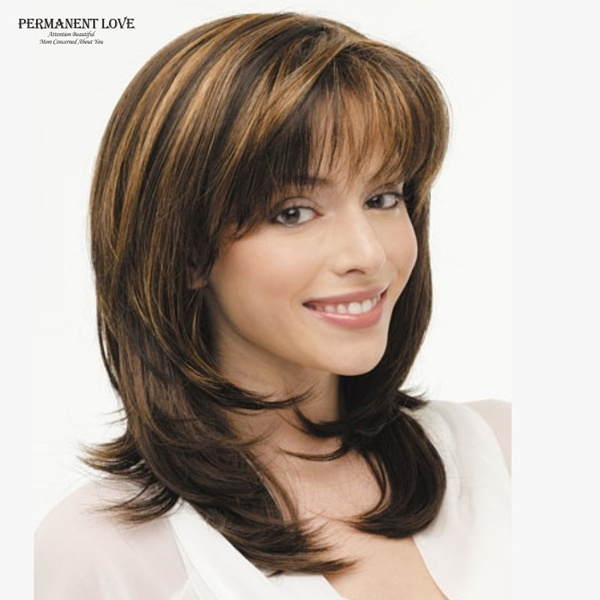 Synthetic Layered Wigs Brown Blonde Highlights Straight Bangs