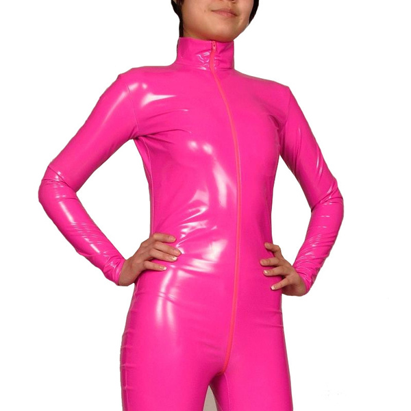 Rose Pink Women Bodysuit Glossy PVC Jumpsuit Open Crotch High Neck ...