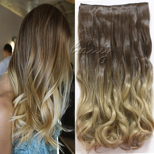 24 Women Two Tone Clip In Ombre Curly Wavy Hair Extensions Dip Dye Synthetic Wigs Hairpiece Dark Brown Ash Blonde