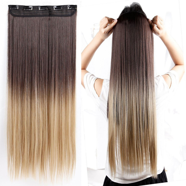 Grade A 3 4 Full Head Clip In Hair Extensions Ombre Dip Dye One Piece Dark Brown To Ash Blonde