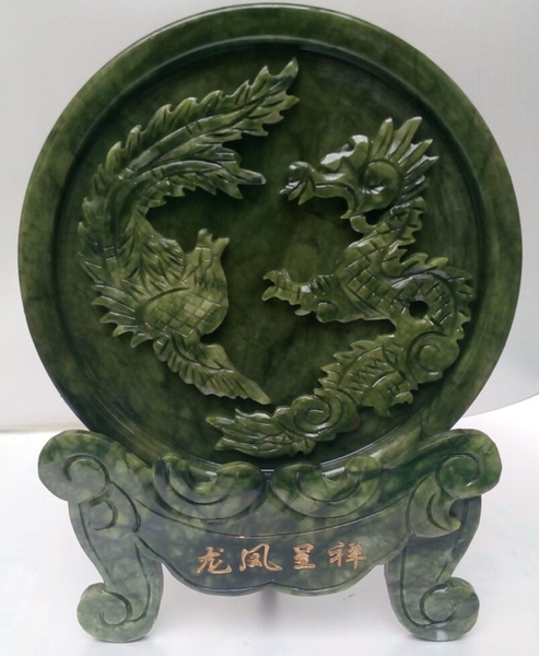 100/% Chinese natural jade hand carved statue of dragon /& phoenix