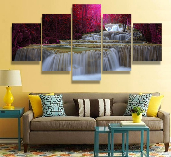 5 Pieces Landscape Waterfall Picture Oil Painting On Wall Art Canvas Print Home Decoration Decor Cuadros Decorativos No Frames Size One Size