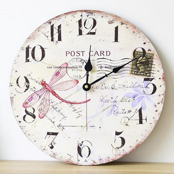 Modern Design Wooden Wall Clock Dragonfly Vintage Rustic Home Office Cafe Decoration Art Large Watch