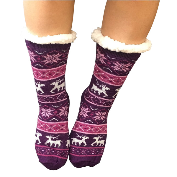 Ladies Thick Warm Heat Machine Sherpa Lined Christmas Slipper Socks 6 Designs