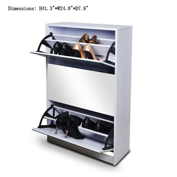 White Wood Shoe Cabinet Rack Shelf Storage Organizer With Mirror
