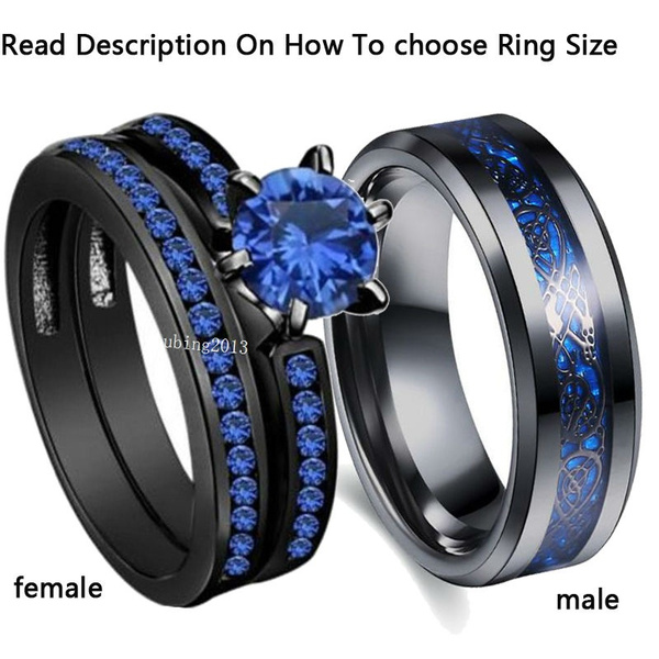 2 Rings Couple Rings 316L Sainless Steel Blue Men's Band 18k Black Gold ...