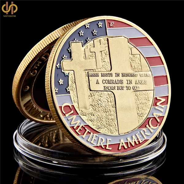 The Normandie War Antique Gold Plated America Challenge Coin 403mm With Round Acrylic Box For Collection