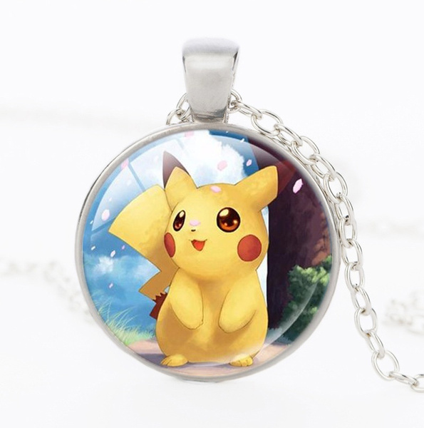 Pokemon Pikachu Pokeball Cabochon Glass Tibet Silver Chain Pendant Necklace