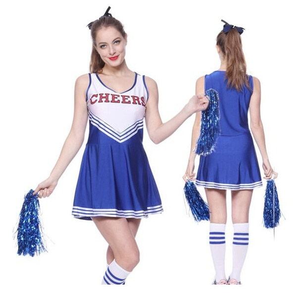 Cheerleader Fancy Dress Costume Womens Ladies High School Prom Uniform Pom Poms