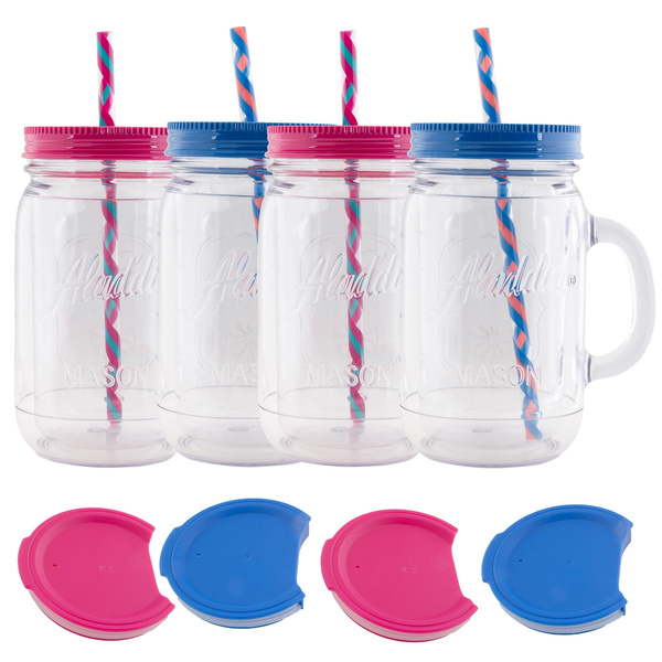 Aladdin 4 Piece 20 Ounce Plastic Mason Jars With Lid Set Handled Lidded Tumbler Drinking Cup Mug Glasses and Straws