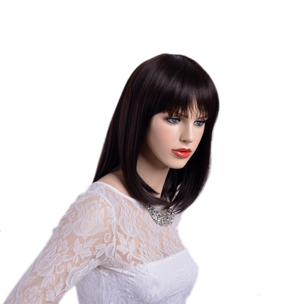 2018 New Style Synthetic Shoulder Length Straight Medium Hair Bob Wigs For Women Highlights Black Dark Brown Wig With Bangs