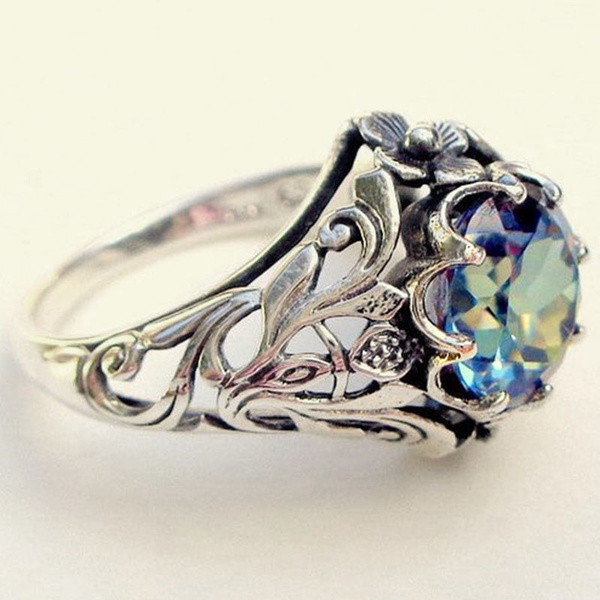 Gemstone Diamond Wedding Engagement 925 Silver Ring  Mystic Rainbow Topaz