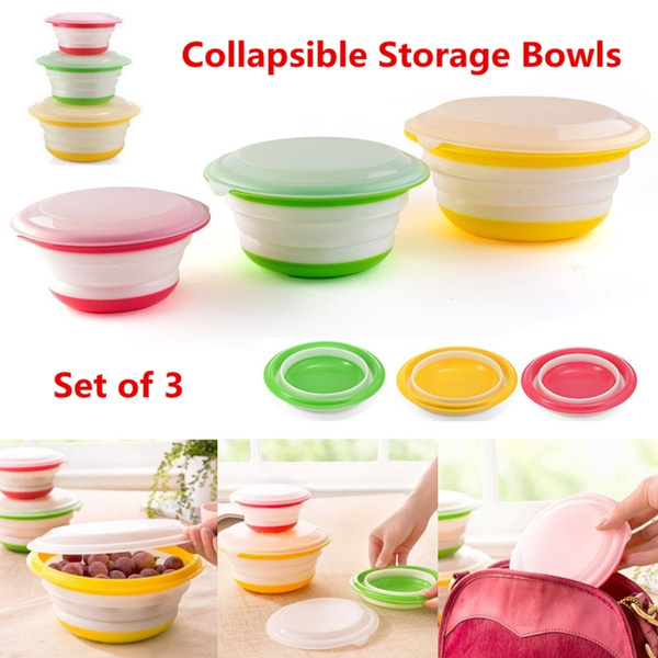 3Pcs Silicone Collapsible Storage Bowls Lids Set Stackable Prep Food Containers