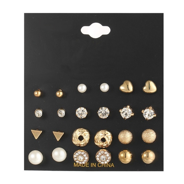 Fashion Rhinestone Crystal Pearl Earrings Set Women Ear Stud Jewelry 12 Pairs