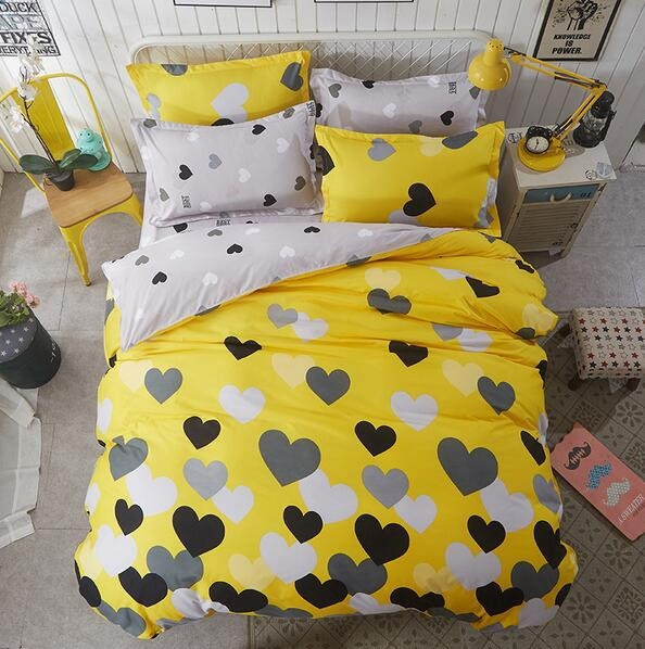 Yellow Gray Heart Bedding Pillowcase Duvet Cover Set Quilt Cover