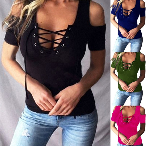 Women Sexy Off-shoulder Casual Blouse Ladies Bodycon Bandage T-shirt