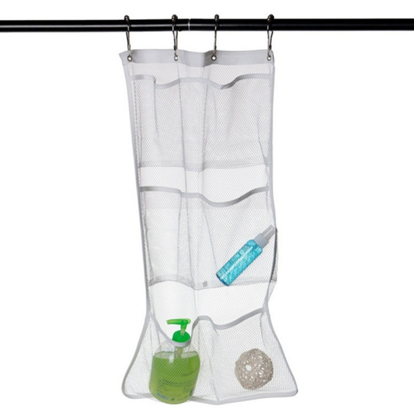 White Mesh Shower Organizer Shower Organizer Bathroom Accessories Quick Dry Hanging Bath Organizer with 6 Pockets Hang on Shower Curtain Rod // Liner Hooks