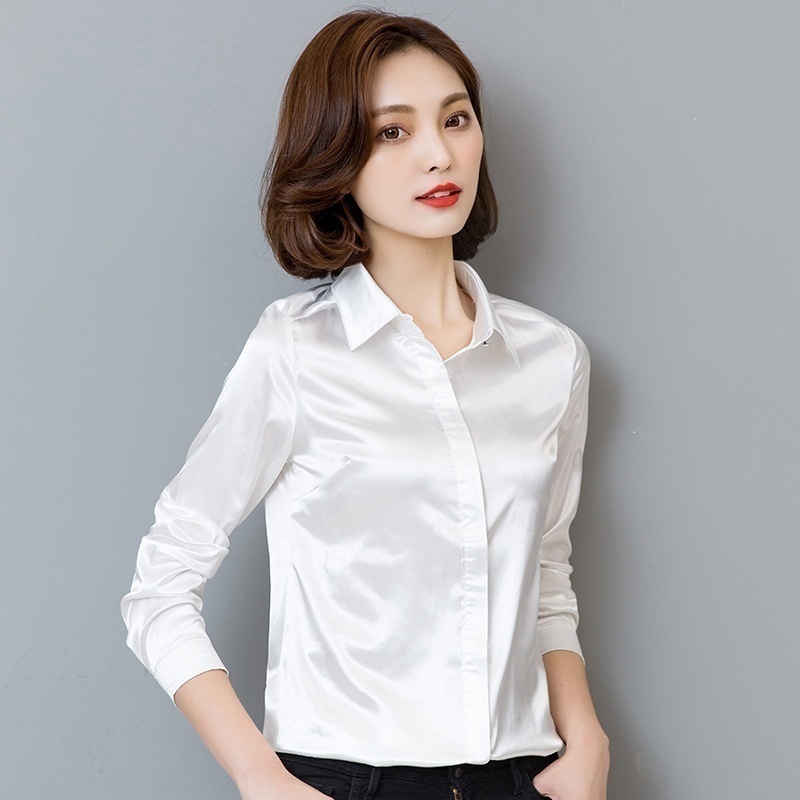 Womens Satin Silk Like Wet Look Top Blouse Lady Long Sleeve Collared ...