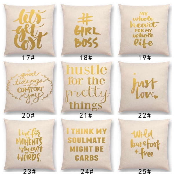 Golden Art Decorative Letters Brave Confidence Hope Love Forceful Sagacious Motto Arrow Cushion Cover Sofa Throw Pillow Case A0194