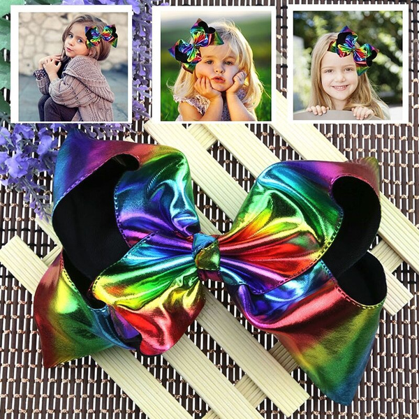 New 2017 Europe Jojo Siwa Large Rainbow Reversible Leather Hair Bow Queen Dance Moms Cheer Hairpin Explosion