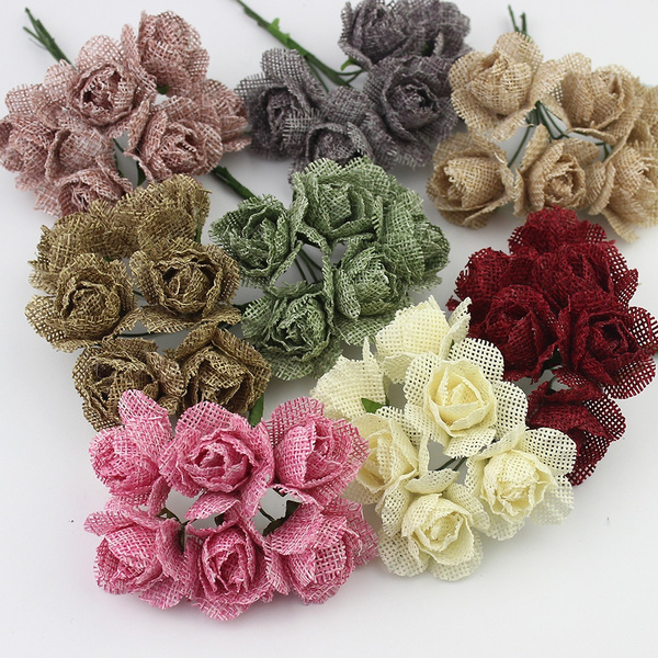 Burlap Flowers Embellishments Fabric Rose Flowers Weddings Party Decor DIY 6PCS