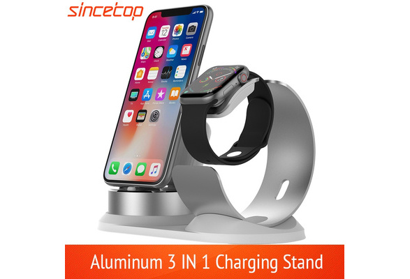 Silver 3-in-1 Charging Base Stand Aluminium Alloy Charging Rack Holder for iWatch