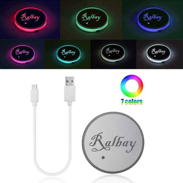 Ralbay Cup Coaster Mat Pad for Car Cup Holder with Rechargeable Atmosphere Induction Lamp Interior Decorative Sensor Light,7 Colors Automatic ON,3 Modes:Steady On//In Wave//Combination Modes Set of 2