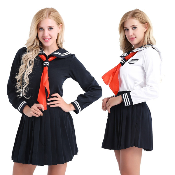 Women's Long Sleeve School Girl Uniform Dress Sailor Outfit Set Cosplay Costumes
