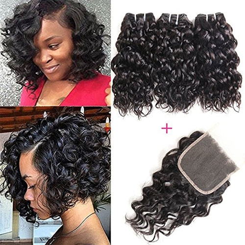Brazilian Hair Bundles Water Wave Curly Weave Short Hairstyles Unprocessed Virgin Hair Extensions With Lace Closure 50g One Bundle 3 Bundles 150g