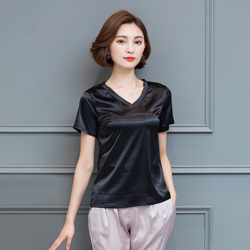 Women Satin Silk Like Short Sleeve T-shirt Lady V Neck Solid Tops Cosy ...