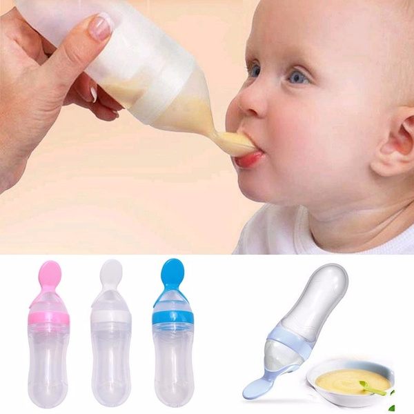 Baby Silicone Squeezing Feeding Bottle With Spoon Safe L8S8 Food Fast I1A2 