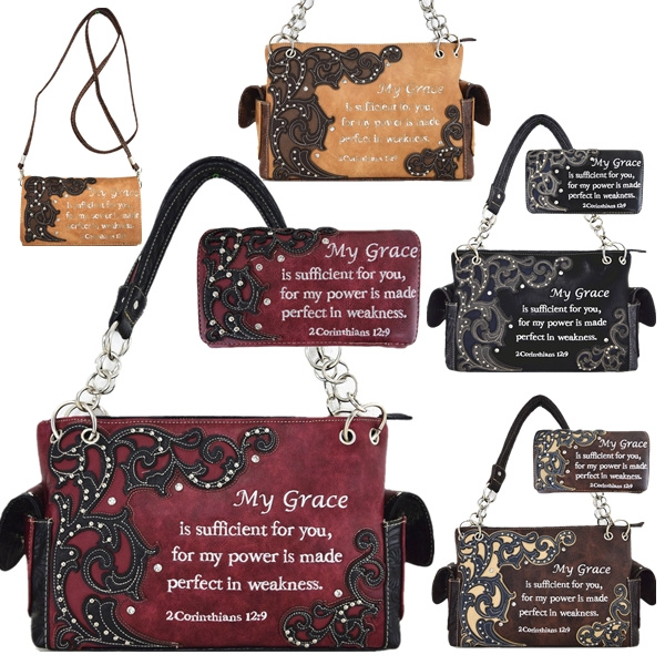Embroidery Corinthians Bible Verse Purse Western Handbag Shoulder Bag Wallet Set 