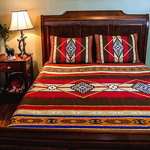 3 Piece Red Brown Yellow Blue Southwest Quilt Cal King Set Native