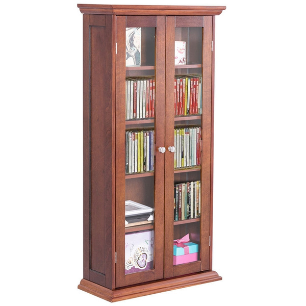 44 5 Wood Media Storage Cabinet Cd Dvd Shelves Tower Glass Doors