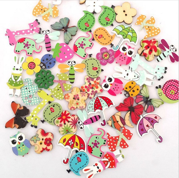 50pcs 2 Holes Lovely Animals Wood Wooden Sewing Button Craft Scrapbooking DIY