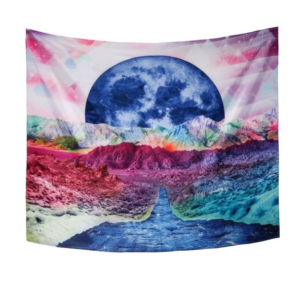 Rainbow Tapestry Psychedelic Art Trippy Geometric Moon Mountain Bedspread