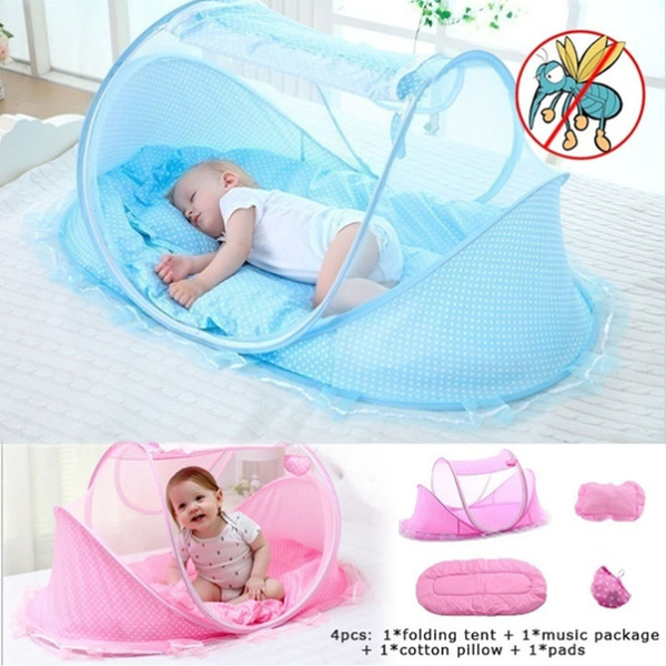 Newborn Infant Crib Netting Cradle Portable Baby Cots Anti-Bug Tent with Pillow and Music Pack Foldable Baby Mosquito Net Travel Bed 