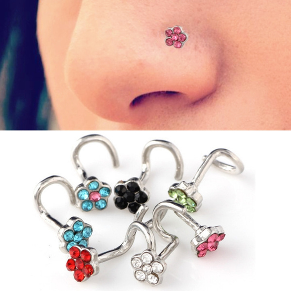 2pc Crystal Flower Blossom Nose Studs Nose Ring Silver Nose Screw