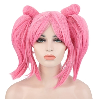 Women Split Type Medium Pink Wigs With 2 Ponytails Double Bun Hair Anime Cosplay For Sailor Moon Chibi Usa Figure