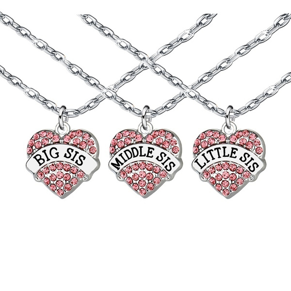 PINK SISTER FAMILY GIFT CRYSTAL LOVE HEART PENDANT RHINESTONE NECKLACE